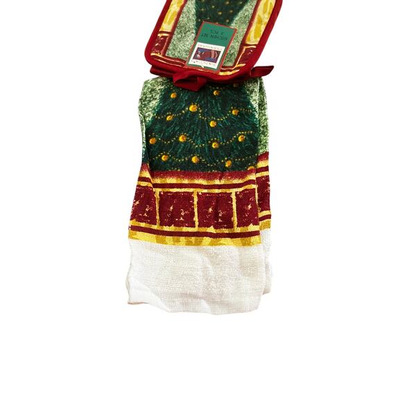 Santa’s Treasures Christmas Tree Kitchen Set 3pc Oven Mitt Towel Pot Holder - Picture 3 of 5